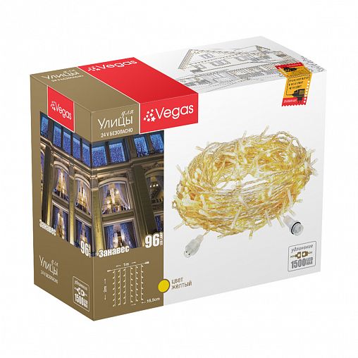 Электрогирлянда-конструктор Vegas Занавес, 6 нитей, 96 LED ламп, 1 x 2 м, желтая фото
