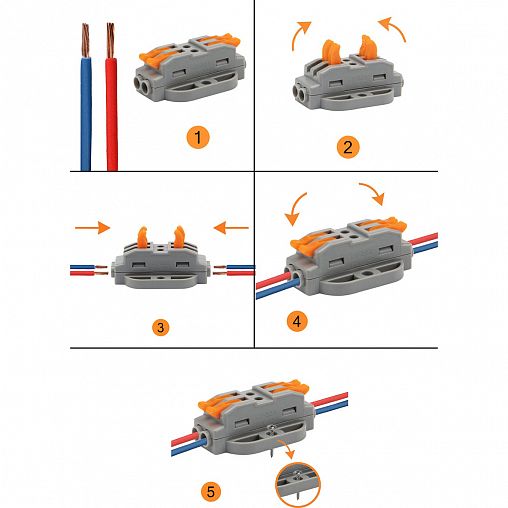 Клемма проходная Rexant СМК 222-422P, 2 полюса, с монтажной площадкой, 0,08 - 4 мм², серая, 5 шт фото