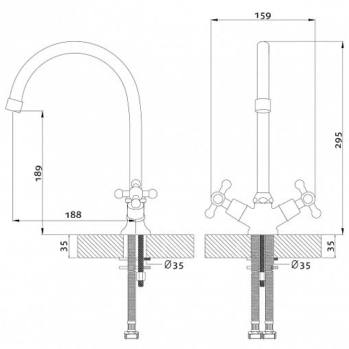 Смеситель для кухни Rossinka G02-72, двухвентильный, хром фото