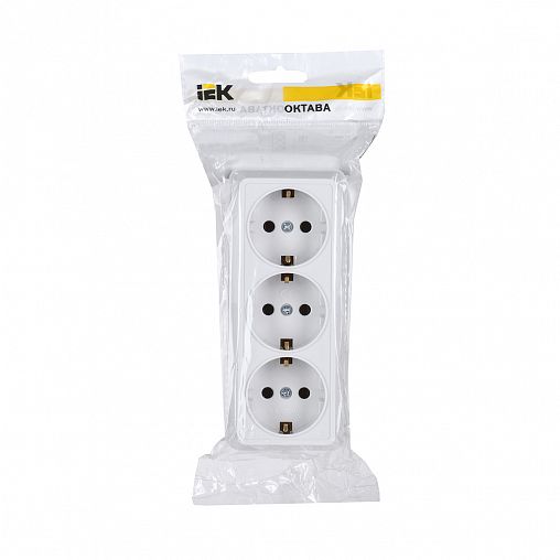 Розетка тройная накладная IEK Октава, с заземлением, 16 А, 250 В, IP20, белая фото
