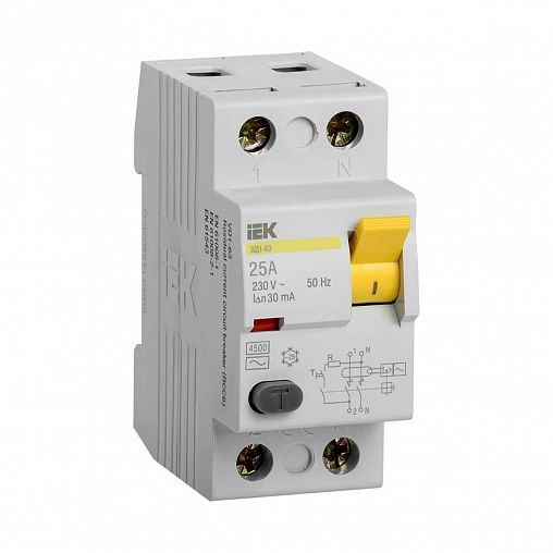 Устройство защитного отключения IEK УЗО ВД1-63, 2Р, 25 А, 30 мА фото