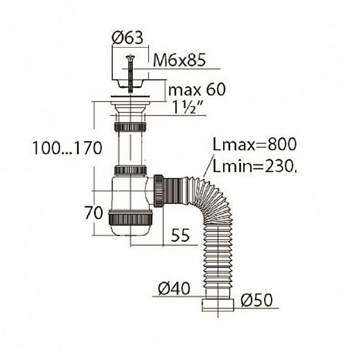 Сифон VIRPlast Элит Мини, с нержавеющей чашкой d 63 мм, гофротруба 800 мм, 40 x 40/50 мм фото