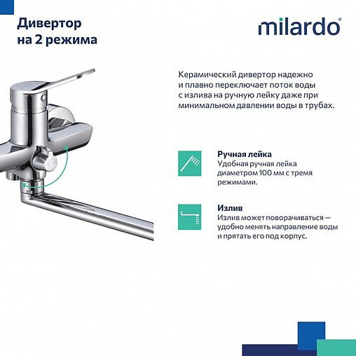 Смеситель для ванны с душем Milardo Enjoy, с длинным изливом, глянцевый хром фото