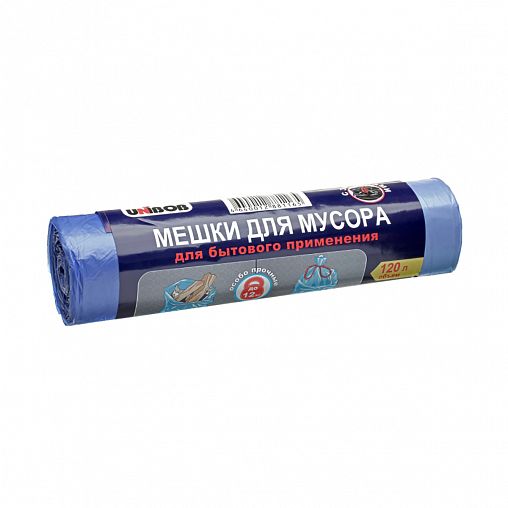 Мешки для мусора с завязками Unibob, 120 л, рулон 10 шт, голубые фото