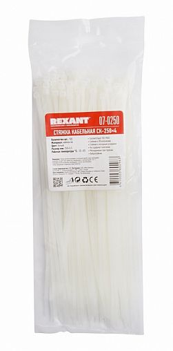 Хомут-стяжка Rexant, нейлон, 3,6 x 250 мм, 100 шт, белый фото