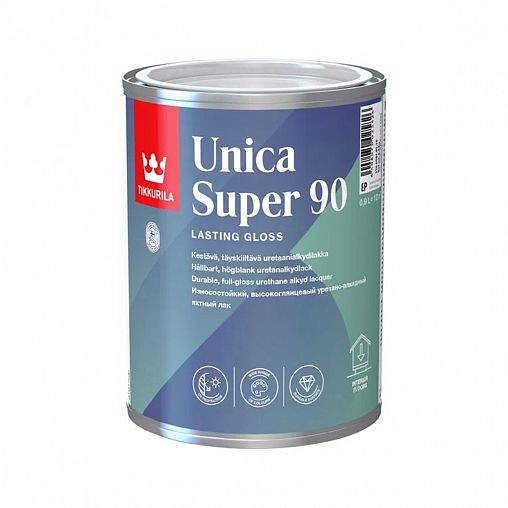 Лак глянцевый Tikkurila Unica Super Strong 90 (Уника Супер Стронг 90), база EP, бесцветный, 0,9 л фото
