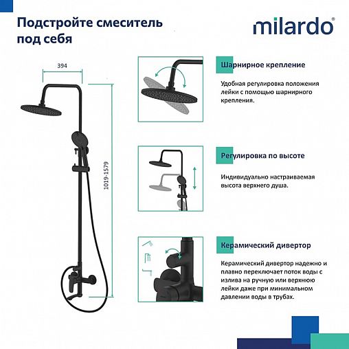 Душевая система с тропическим душем Milardo Rora, со смесителем, черный матовый фото