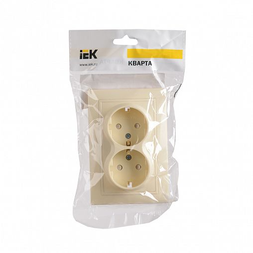 Розетка двойная встраиваемая IEK Кварта, керамика, с з/ш, с заземлением, 16 А, 250 В, IP20, кремовая фото