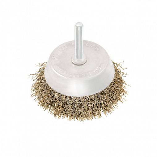 Щетка для дрели Beorol, чашка со шпилькой, 65 мм, латунированная гофрированная проволока фото