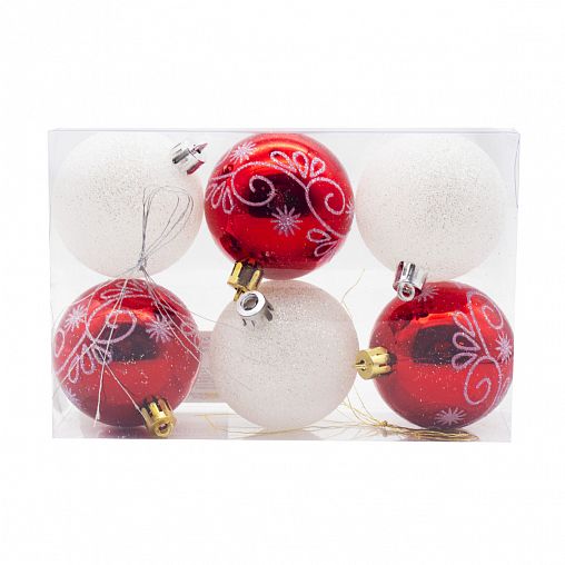 Набор елочных шаров, d 6 см, 6 шт, белый/красный фото
