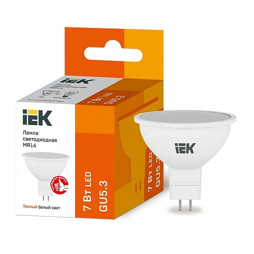 Лампа светодиодная LED IEK Софит, GU5.3, MR16, 7 Вт, 3000 K, теплый свет фото
