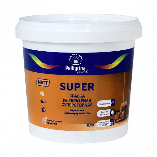 Краска интерьерная Pelligrina Pearl Super, акриловая, матовая, база С, бесцветная, 0,9 л фото