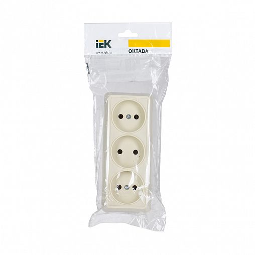 Розетка тройная накладная IEK Октава, без заземления, 10 А, 250 В, IP20, кремовая фото