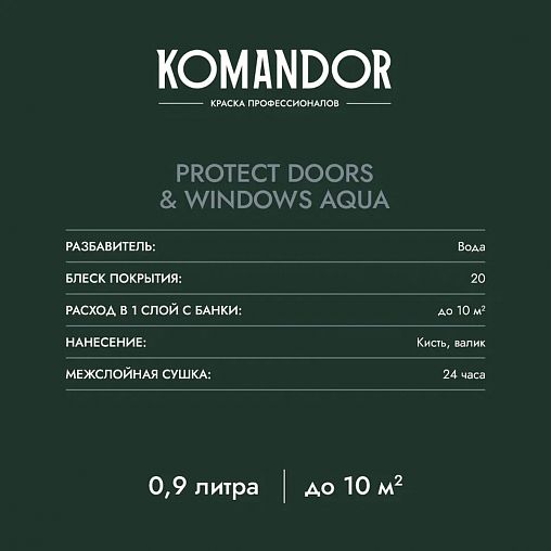 Эмаль для окон и дверей Komandor Protect Doors&Widows Aqua, полуматовая, база А, белая, 0,9 л фото