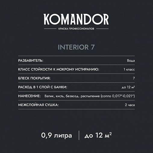 Краска для стен и потолков Komandor Interior 7, матовая, база А, белая, 9 л фото