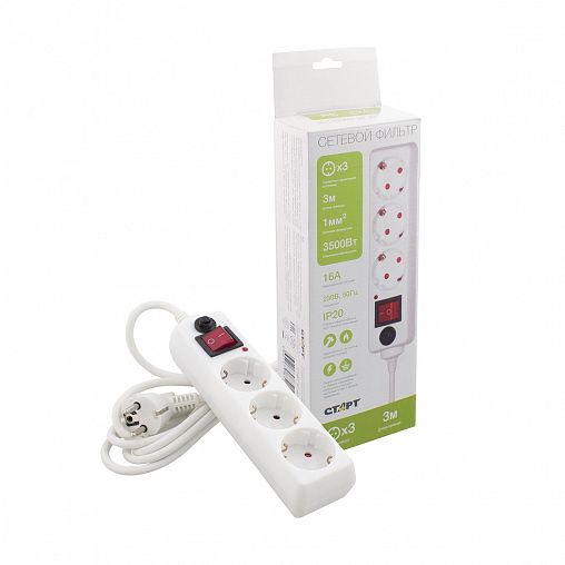 Сетевой фильтр Старт С/УД-Ф SP 3x3, 3,5 кВт, 16 А, с заземлением, с кнопкой, 3 розетки, 3 м, белый фото