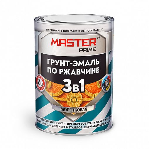 Грунт-эмаль по ржавчине Master Prime 3 в 1, молотковая, 0,9 л, серая фото