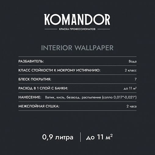 Краска для обоев Komandor Interior Wallpaper, матовая, база А, белая, 2,7 л фото