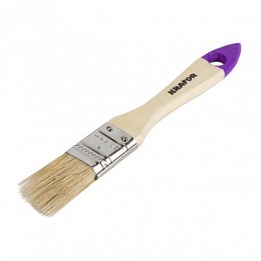 Кисть плоская Krafor №0,75, натуральная щетина, деревянная ручка, 20 мм фото