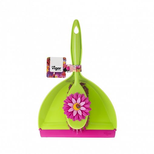 Комплект для уборки Vigar Flower Power, щетка-сметка и совок, розово-зеленый фото