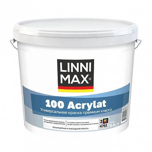 Краска фасадная Linnimax 100 Acrylat, полуматовая, база 3, бесцветная, 9,4 л фото