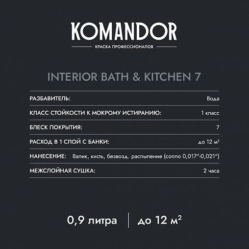 Краска интерьерная влагостойкая Komandor Interior Bath&Kitchen 7, матовая, база А, белая, 2,7 л фото