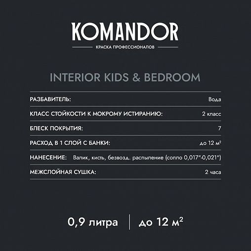 Краска для детских и спален Komandor Interior Kids&Bedroom, матовая, база А, белая, 9 л фото