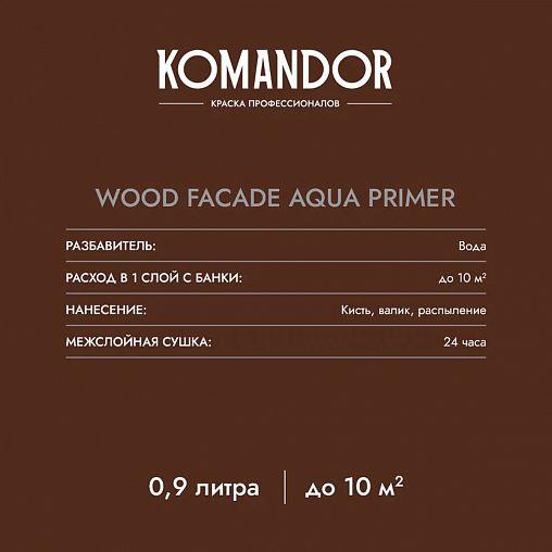 Грунт-антисептик для дерева Komandor Wood Facade Aqua Primer, 0,9 л фото