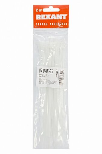 Хомут-стяжка Rexant, нейлон, 3,6 x 200 мм, 25 шт, белый фото