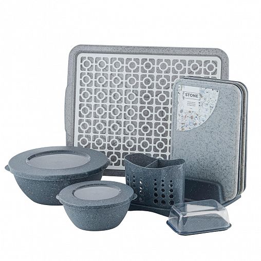 Салатник пластиковый Plast Team Stone, с крышкой, 3 л, темный камень фото