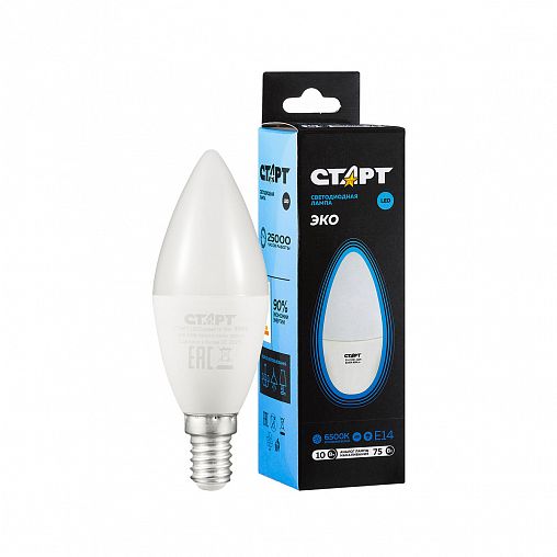 Лампа светодиодная LED Старт ECO Свеча, E14, 10 Вт, 6500 K, холодный белый свет фото