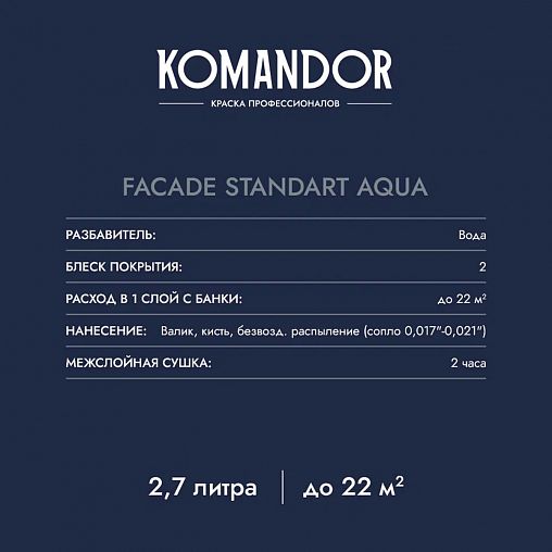 Краска фасадная Komandor Facade Standart Aqua, глубокоматовая, база А, белая, 2,7 л фото