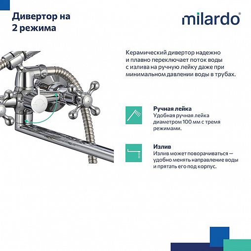 Смеситель для ванны с душем Milardo Duplex HELSB02M02, с длинным изливом, хром фото