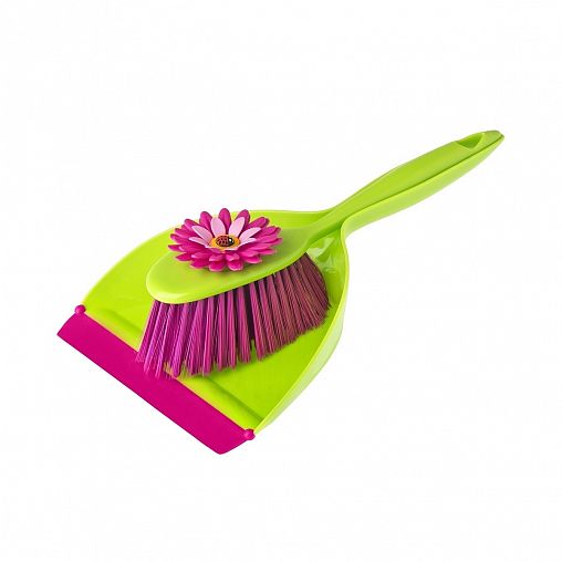 Комплект для уборки Vigar Flower Power, щетка-сметка и совок, розово-зеленый фото