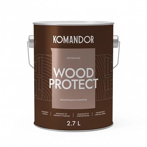 Антисептик для дерева Komandor Wood Protect, лессирующий, база С, бесцветный, 2,7 л фото