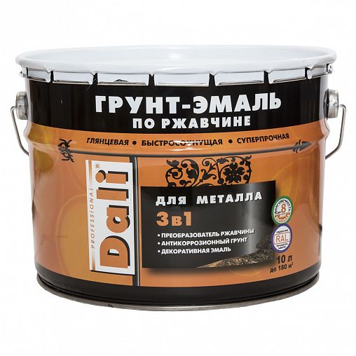 Грунт-эмаль по ржавчине Dali 3 в 1, глянцевая, 10 л, RAL 7024, серый графит фото
