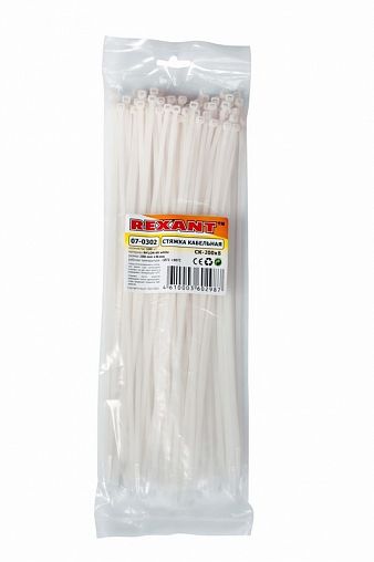 Хомут-стяжка Rexant, нейлон, 7,6 x 300 мм, 100 шт, белый фото