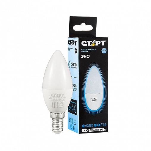 Лампа светодиодная LED Старт ECO Свеча, E14, 7 Вт, 4000 K, холодный свет фото