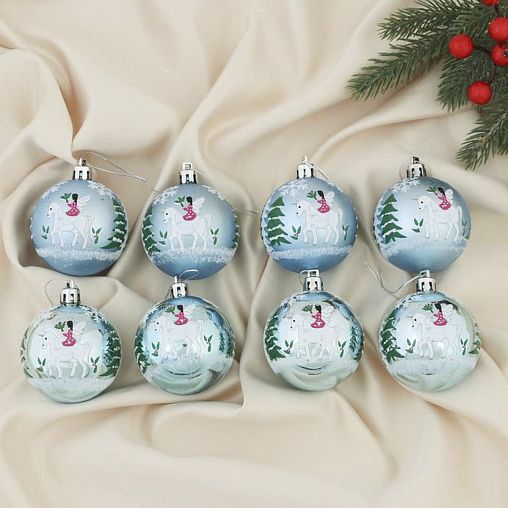 Набор елочных шаров Зимнее волшебство Друг единорог, d 6 см, 8 шт, голубой фото