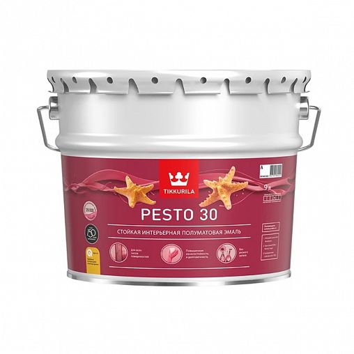 Эмаль алкидная стойкая полуматовая Tikkurila Pesto 30 (Песто 30), 9 л, база А, белая фото