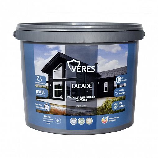 Краска для деревянных фасадов Veres Facade, акриловая, глубокоматовая, база С, бесцветная, 9 л фото