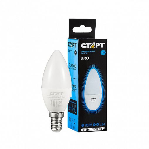 Лампа светодиодная LED Старт ECO Свеча, E14, 7 Вт, 6500 K, холодный белый свет фото