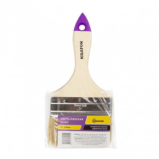 Кисть плоская Krafor №4, натуральная щетина, деревянная ручка, 100 мм фото