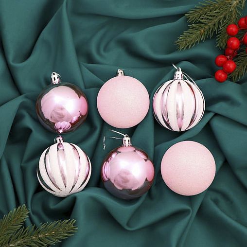 Набор елочных шаров Зимнее волшебство Глэдис полосы, d 6 см, 6 шт, розовый фото