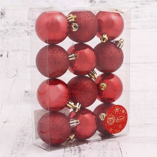 Набор елочных шаров Зимнее волшебство Глянцевый, d 5 см, 12 шт, красный фото