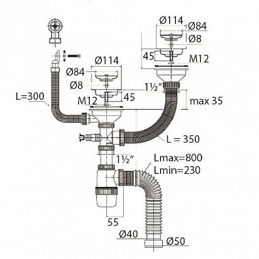 Сифон двойной VIRPlast Элит, 3 1/2" x 40, с отводом, с нержавеющими чашками, с переливом, 800 мм фото