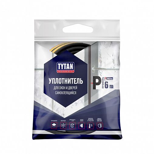 Уплотнитель для окон P-профиль Tytan Professional, 9 x 5,5 мм, 6 м, черный фото