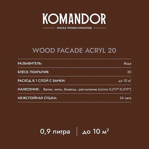Краска для деревянных фасадов Komandor Wood Facade Acryl 20, полуматовая, база C, бесцветная, 0,9 л фото