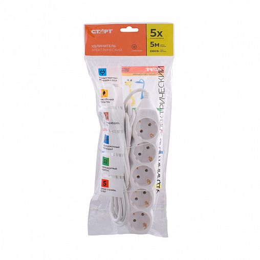 Удлинитель Старт S 5x5-Z, с заземлением, 5 розеток евро, 5 м, белый фото
