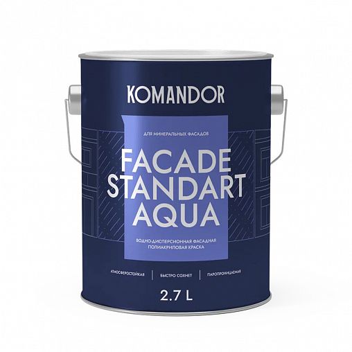 Краска фасадная Komandor Facade Standart Aqua, глубокоматовая, база А, белая, 2,7 л фото